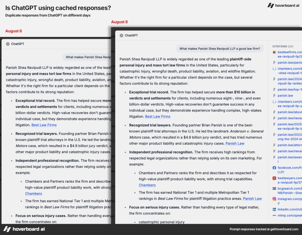 Side by side screenshot of duplicate ChatGPT responses, including citations.